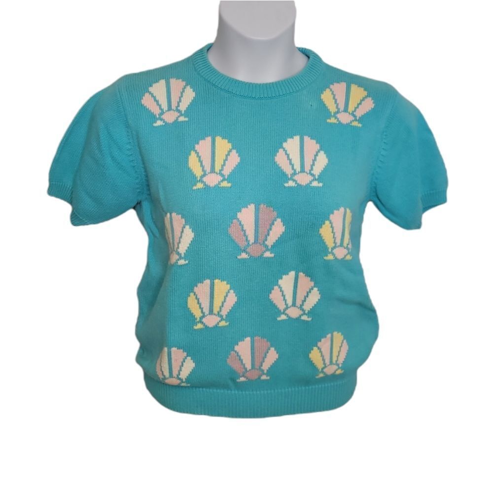 VINTAGE 90s sweater‎ seashell short sleeve crewneck blue S/M